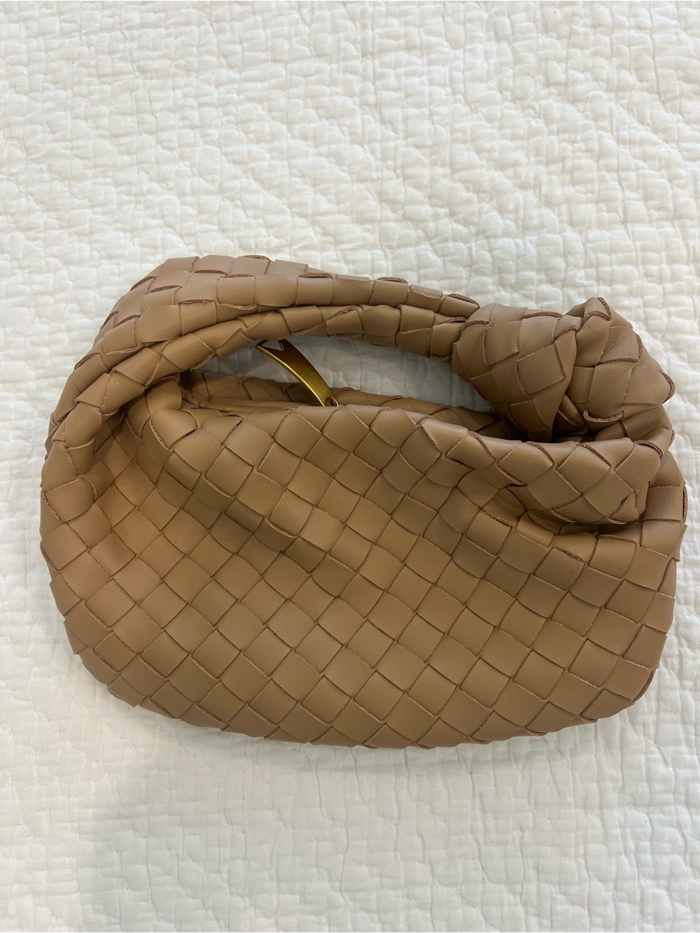 Leather Woven Knotted Handle Clutch - Tan
